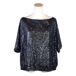 Venus Black Sequin Batwing Top XL Sparkly Semi-Sheer Party Blouse Glam